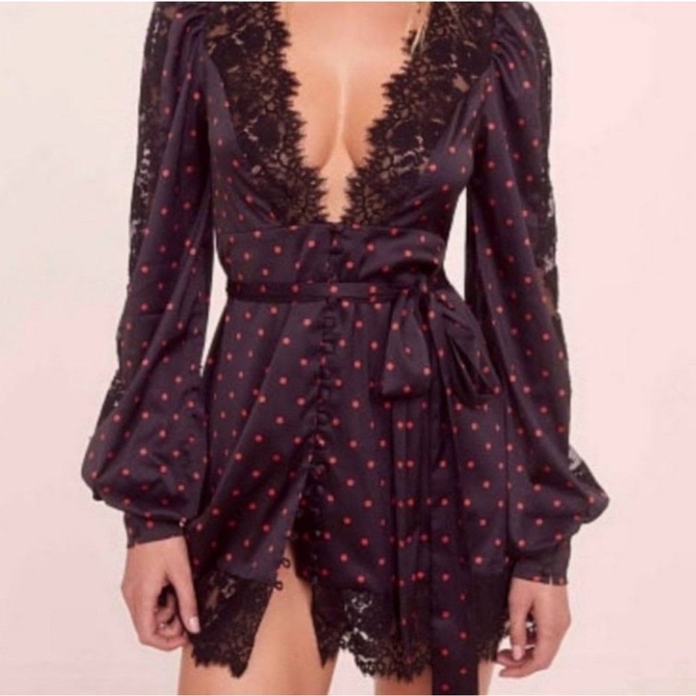 For Love & Lemons Black Lace, Navy and Red Polka Dot Dress Small